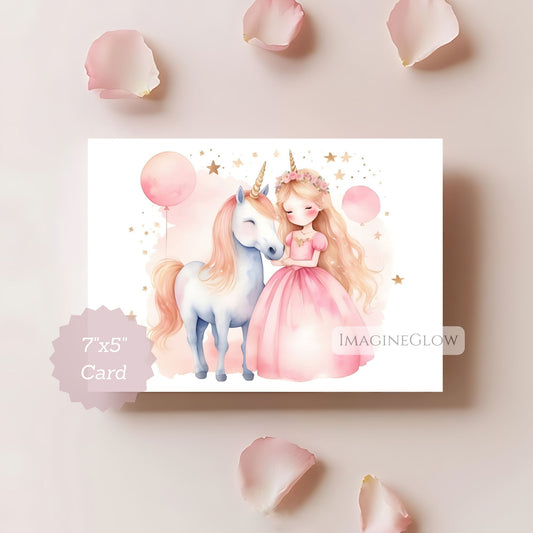 Card with a fairy and unicorn illustration surrounded by rose petals on a light pink background.