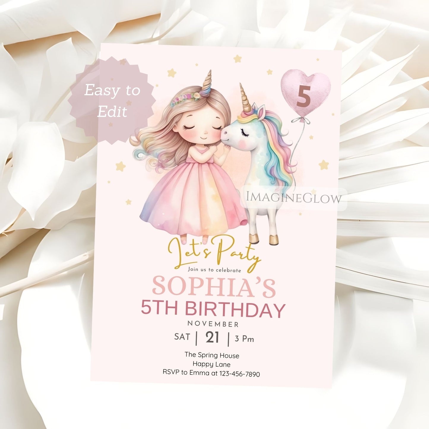 Birthday invitation card with a girl and unicorn design on a white background