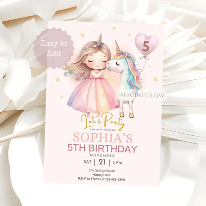 Birthday invitation card with a girl and unicorn design on a white background