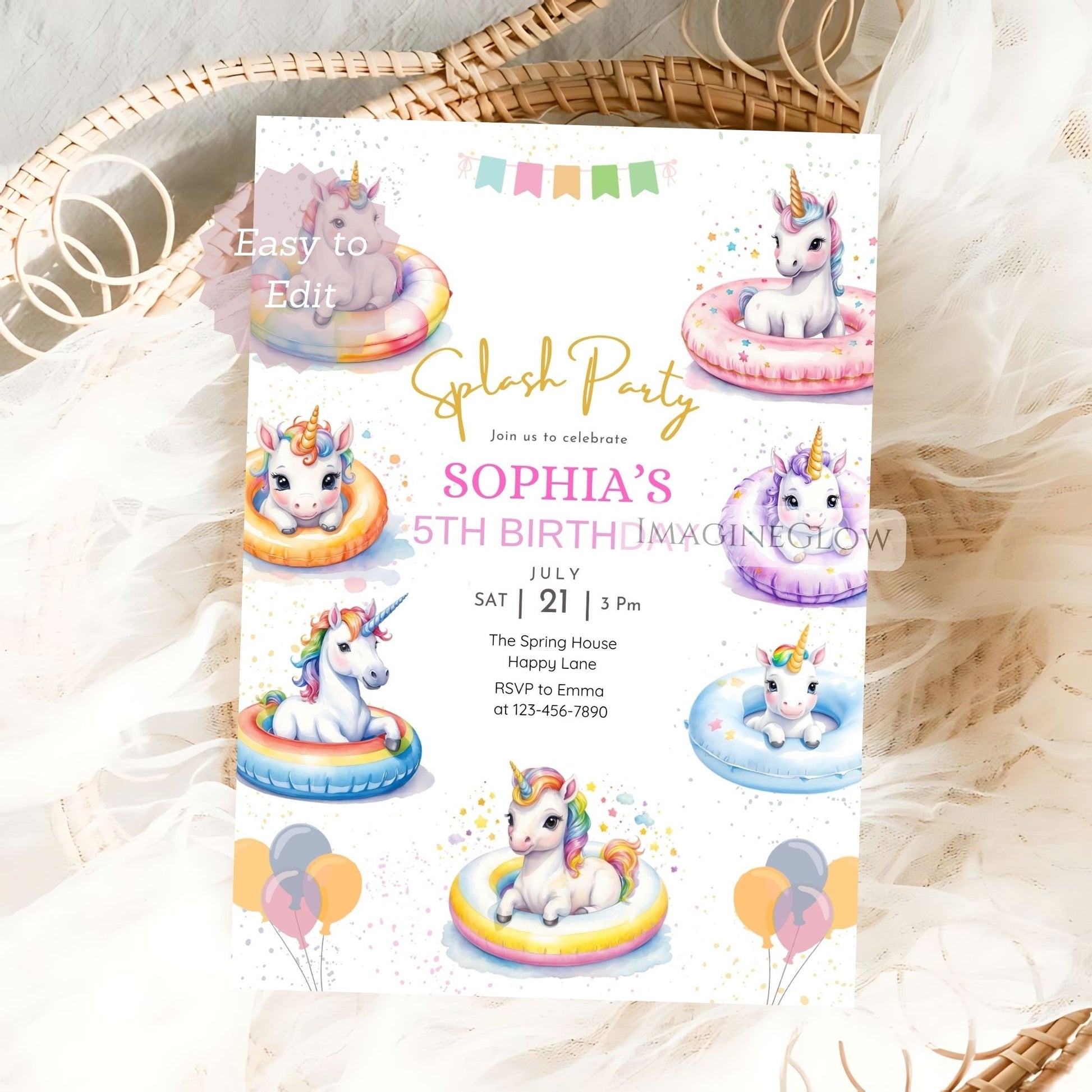 Unicorn-themed birthday party invitation card on a textured surface