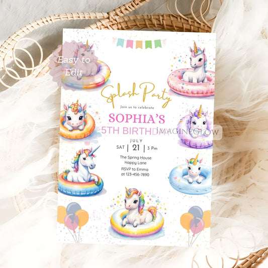 Unicorn-themed birthday party invitation card on a textured surface