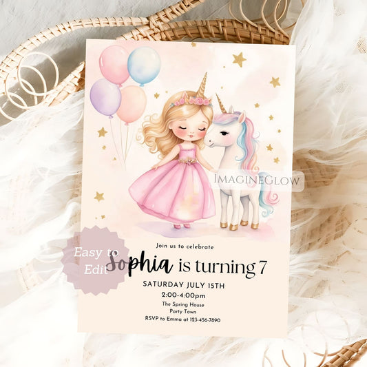 Invitation card with a princess and unicorn design on a soft background