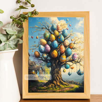 Easter tree with magical eggs and soft pastel glow
