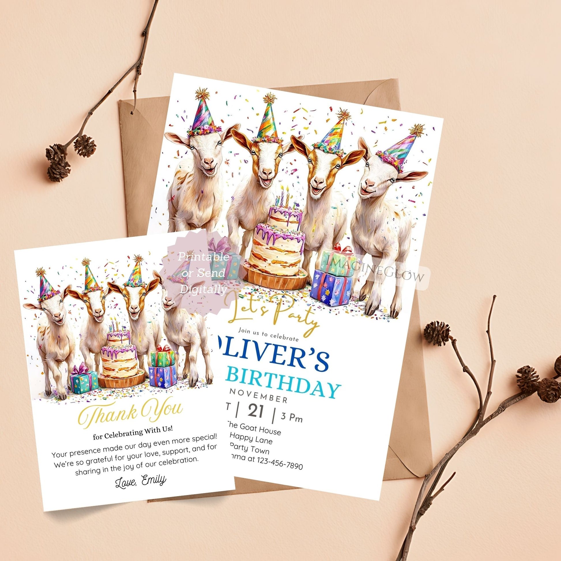 Farm animal goat birthday card set for kids
Rustic goat birthday invite and thank you card set