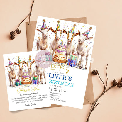 Farm animal goat birthday card set for kids
Rustic goat birthday invite and thank you card set