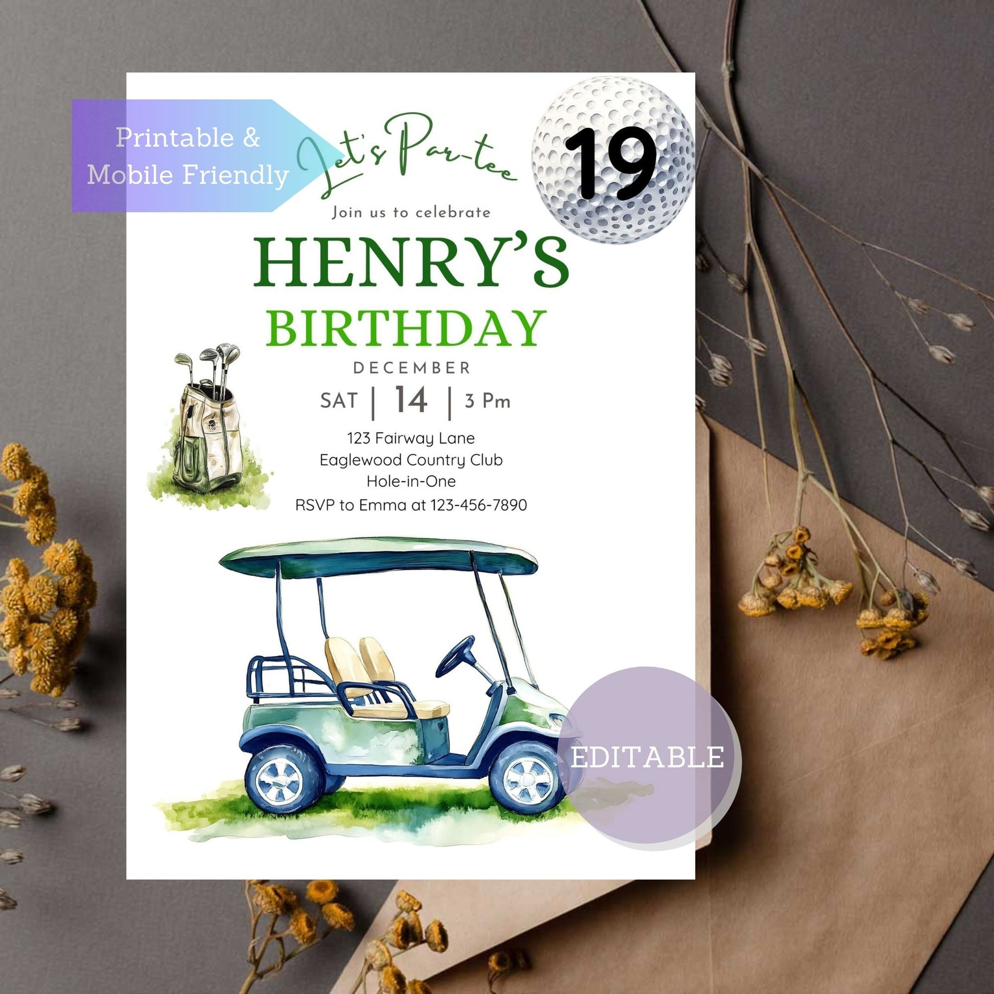 Golf birthday invitation template with Let's Par-Tee text and customizable golf ball number