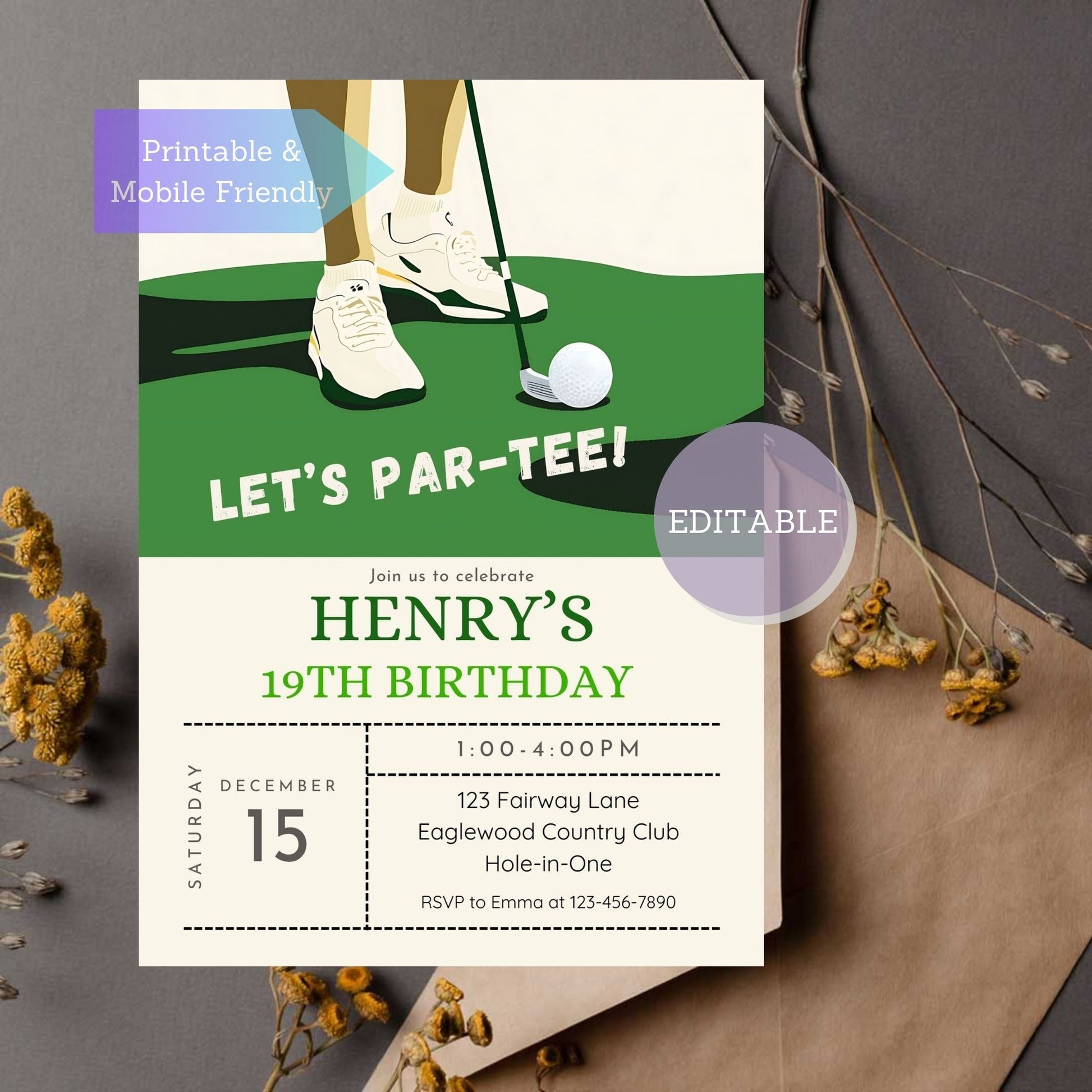 Golf birthday invitation template with "Let's Par-Tee" theme, printable and editable.