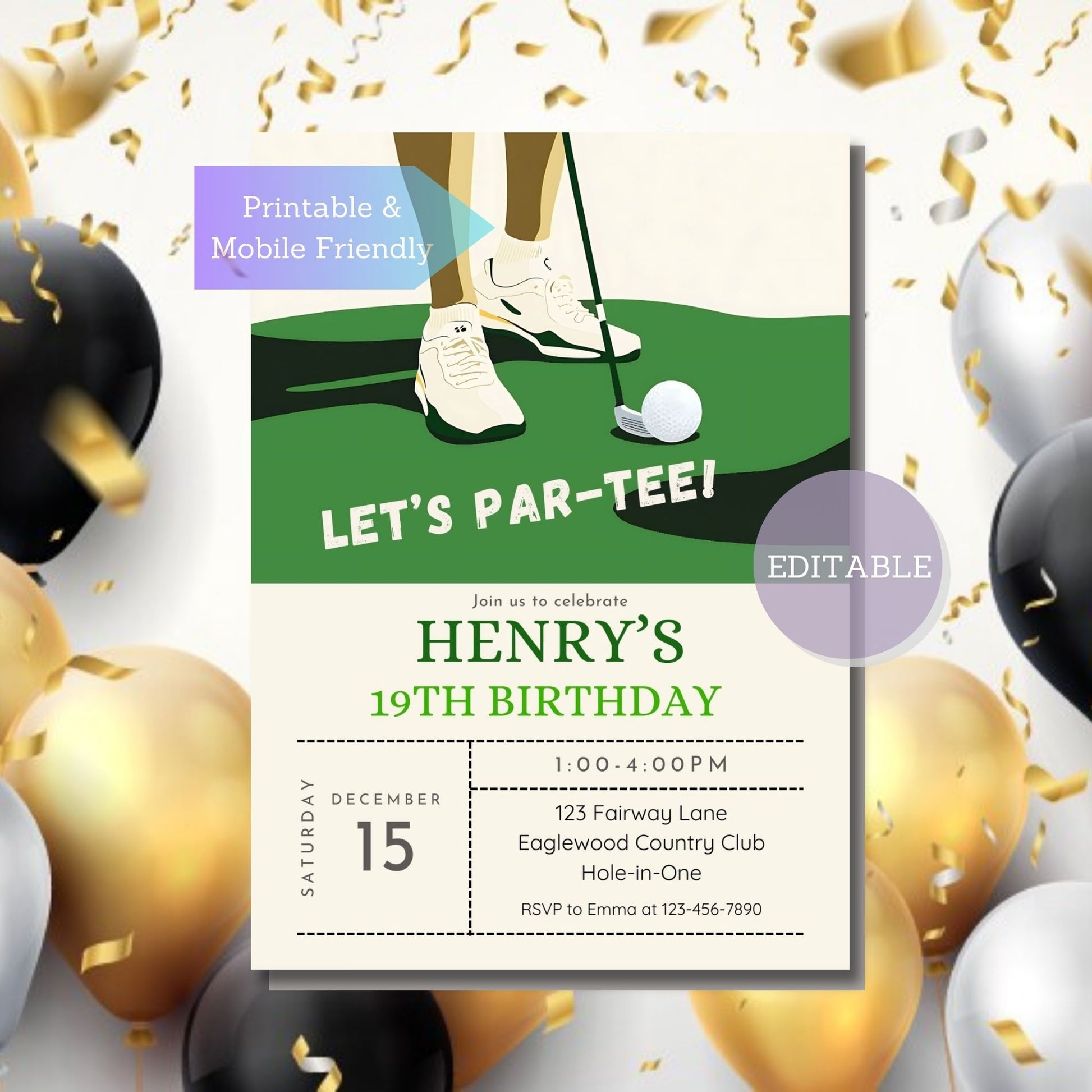 Stylish golf-themed birthday invitation template, perfect for any celebration.