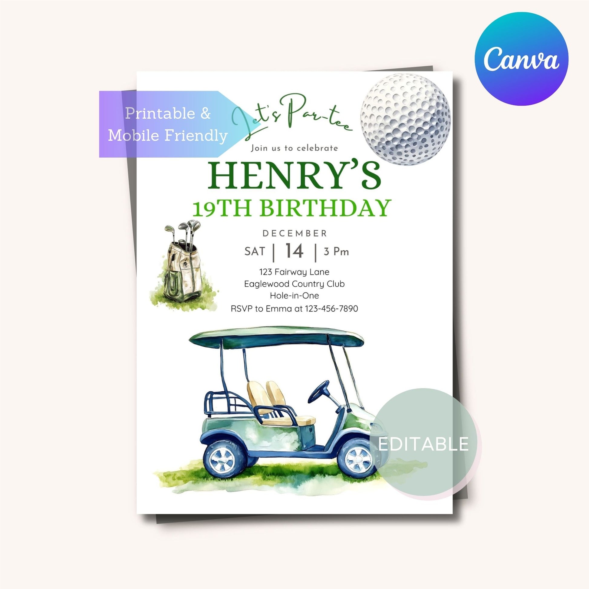 Printable golf birthday invitation for kids and adults, customizable with party details