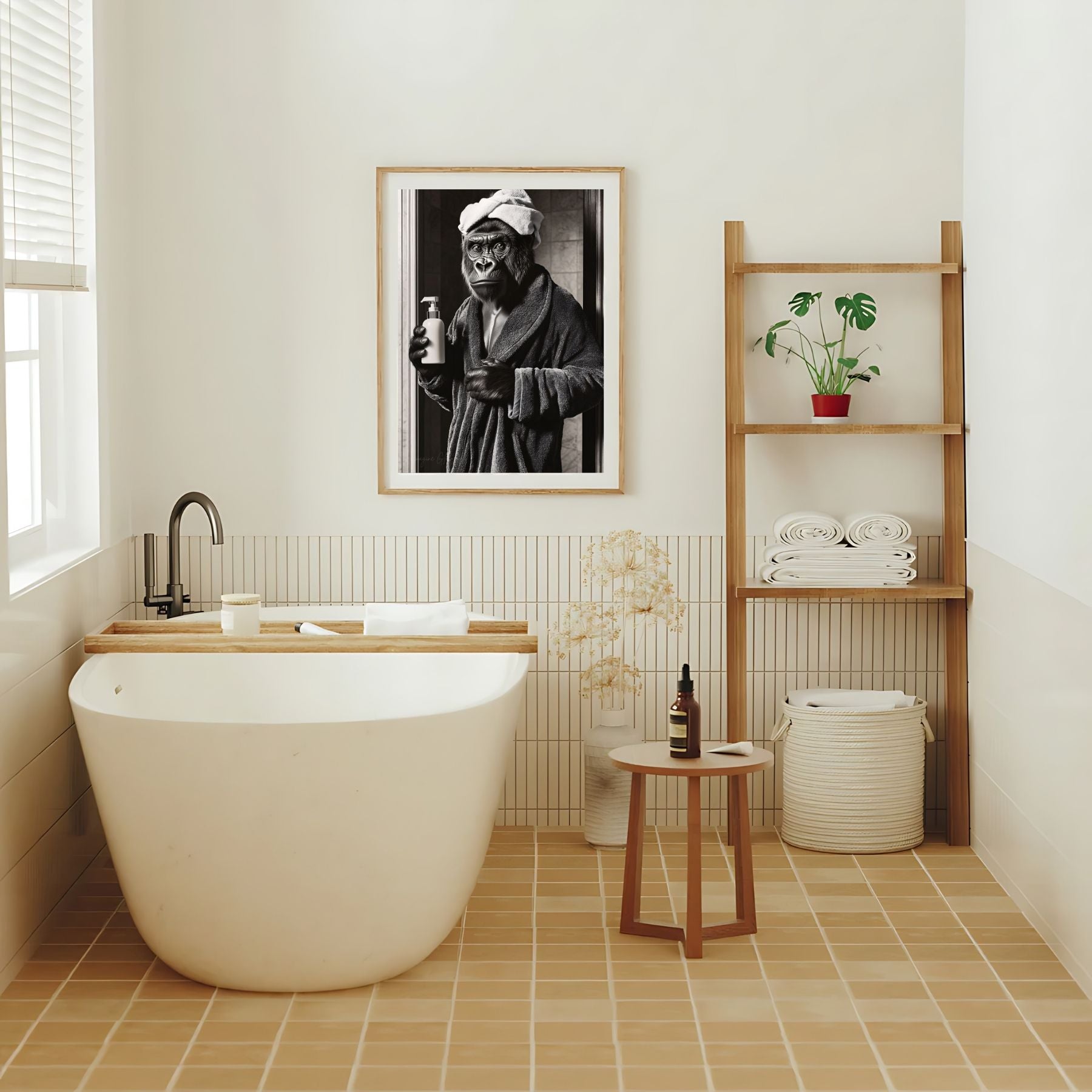 Gorilla bathtub art print for animal-themed bathroom decor
