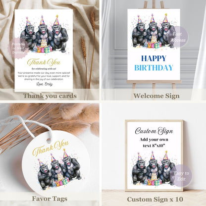 Collection of greeting cards, signs, and tags with gorilla illustrations on a neutral background.