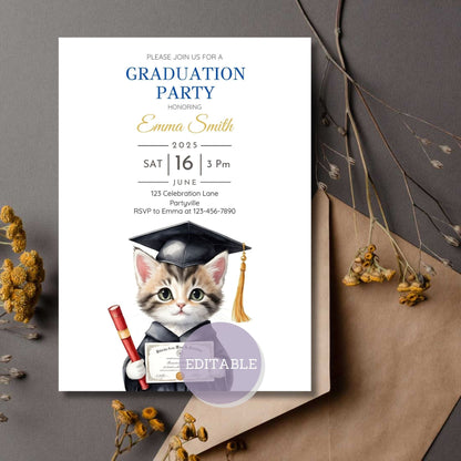 Editable kitten-themed graduation party invitation template