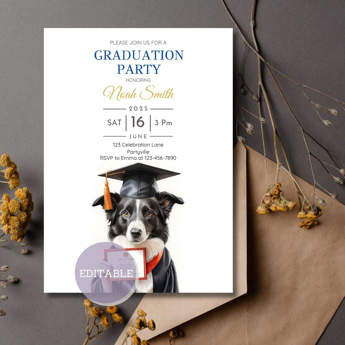 Editable dog-themed graduation party invitation template