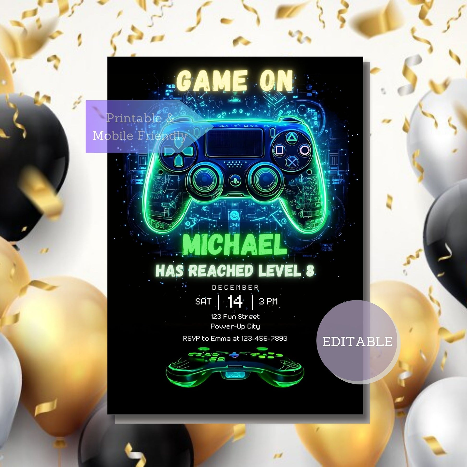 Customizable gaming birthday invite for kids with a fun, editable template