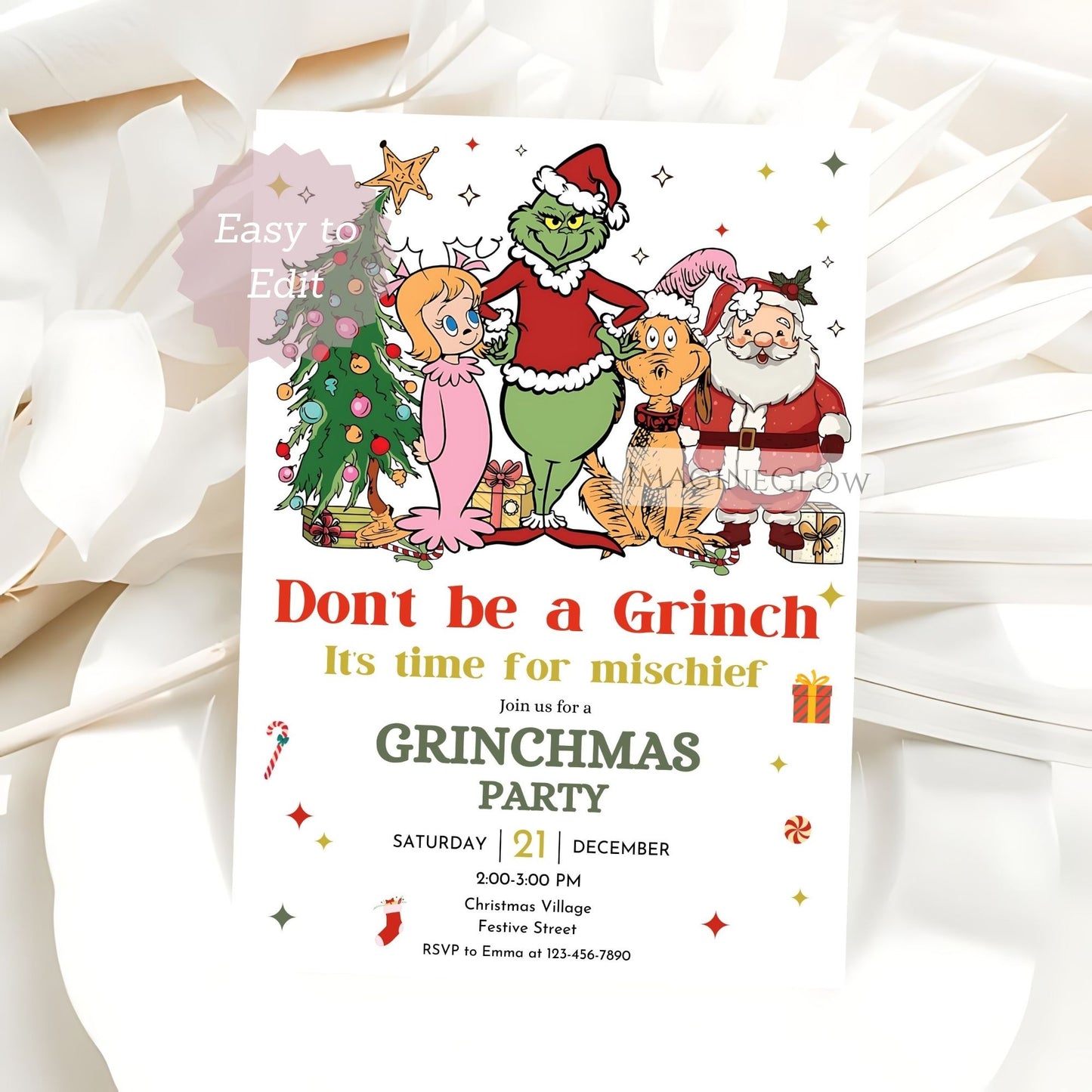 grinch themed christmas party invite
holiday grinchmas invitation printable
green grinch christmas party invitation
