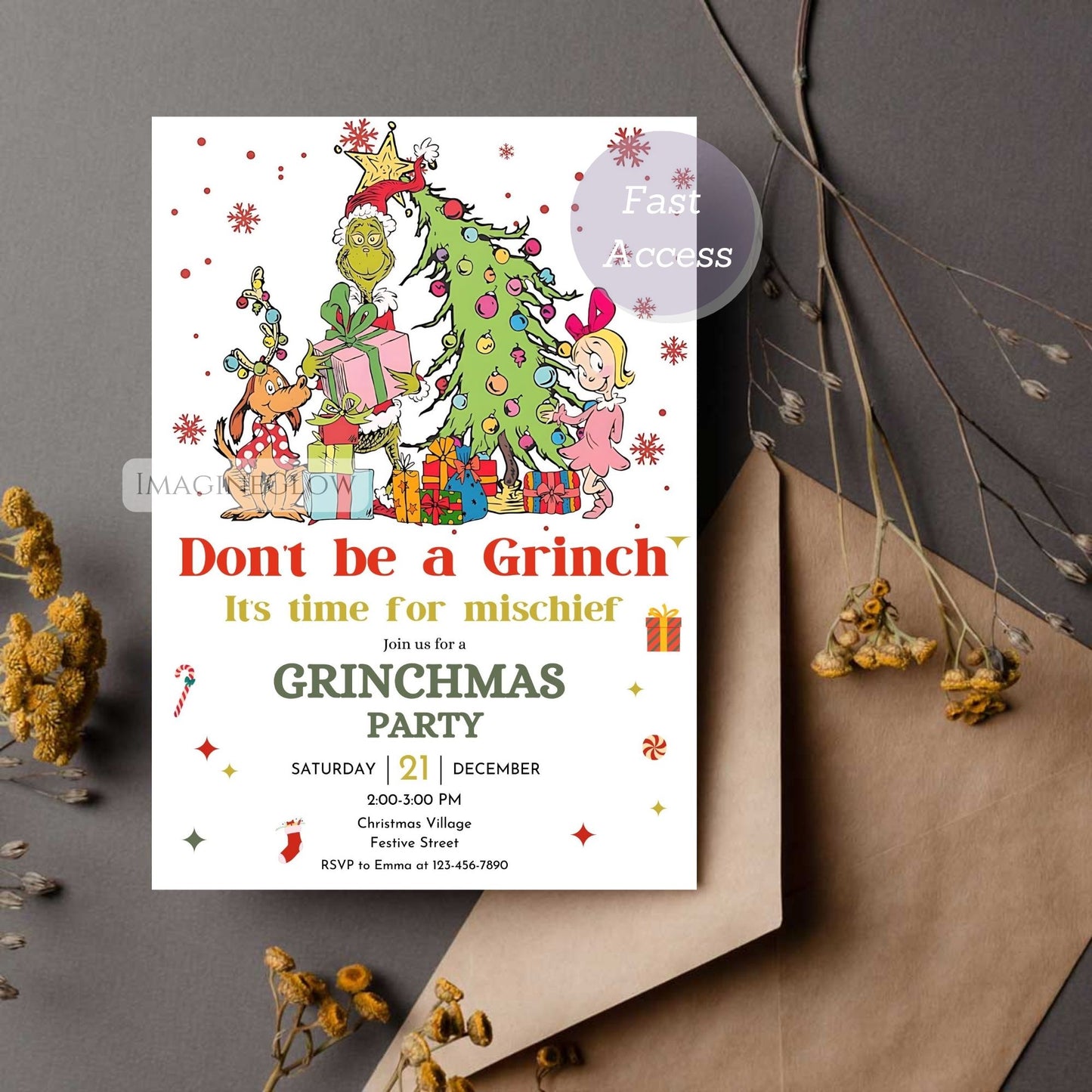 Grinchmas party invitation with festive design on a gray background