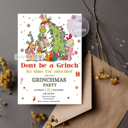 Grinchmas party invitation with festive design on a gray background