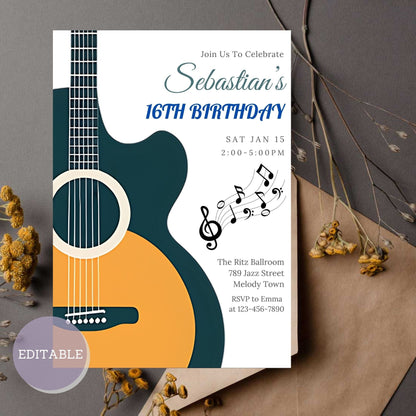 Customizable guitar birthday invitation template for a music-themed party.