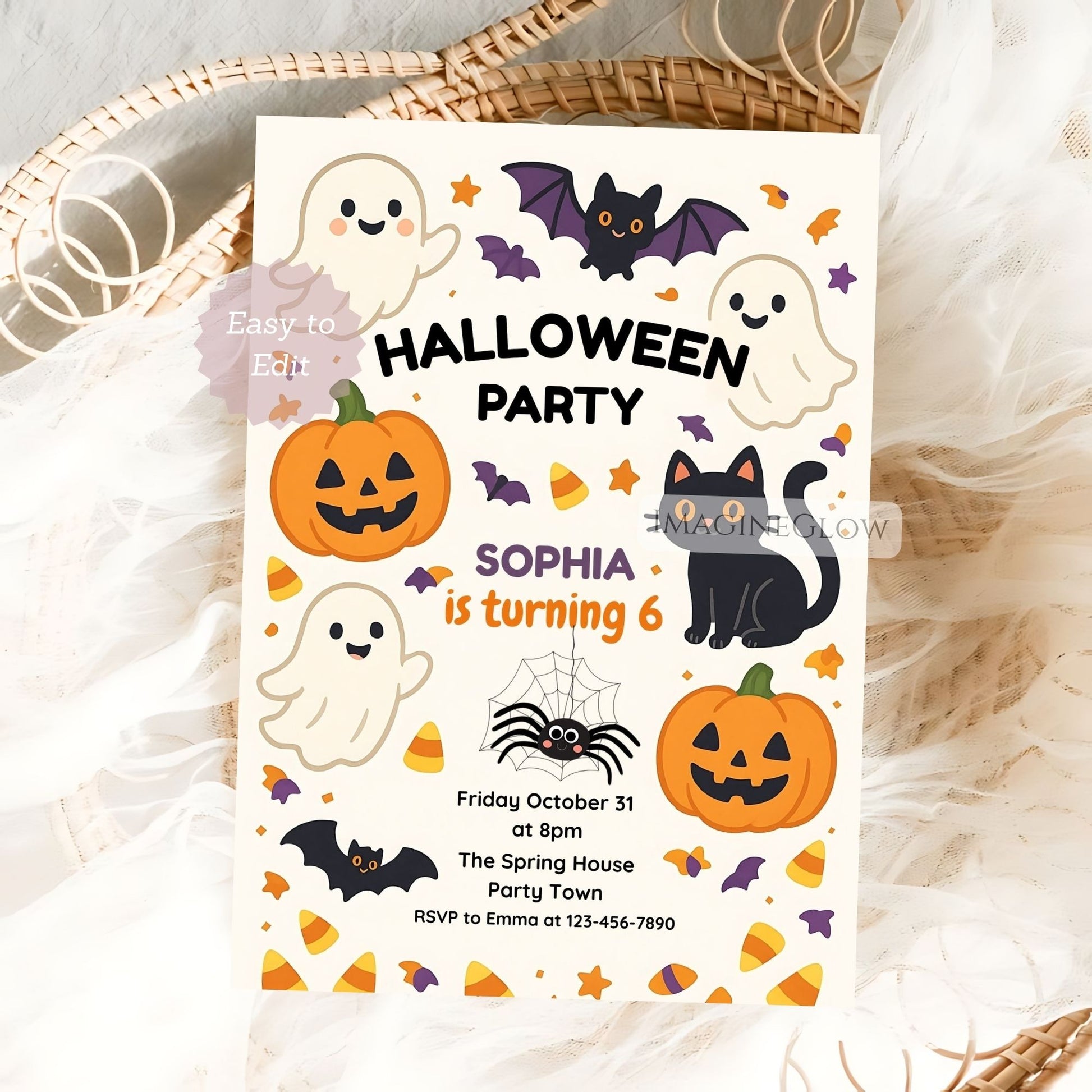Halloween-themed birthday party invitation with pumpkins, ghosts, and bats on a white background.