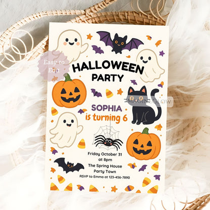 Halloween-themed birthday party invitation with pumpkins, ghosts, and bats on a white background.