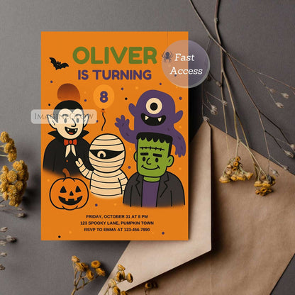 editable october birthday invite
spooky halloween kids party invite
