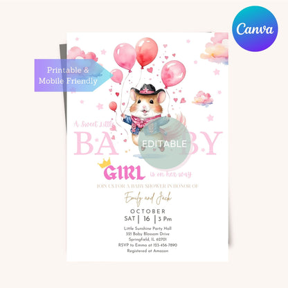 Editable hamster-themed baby girl shower invitation for a personalized touch