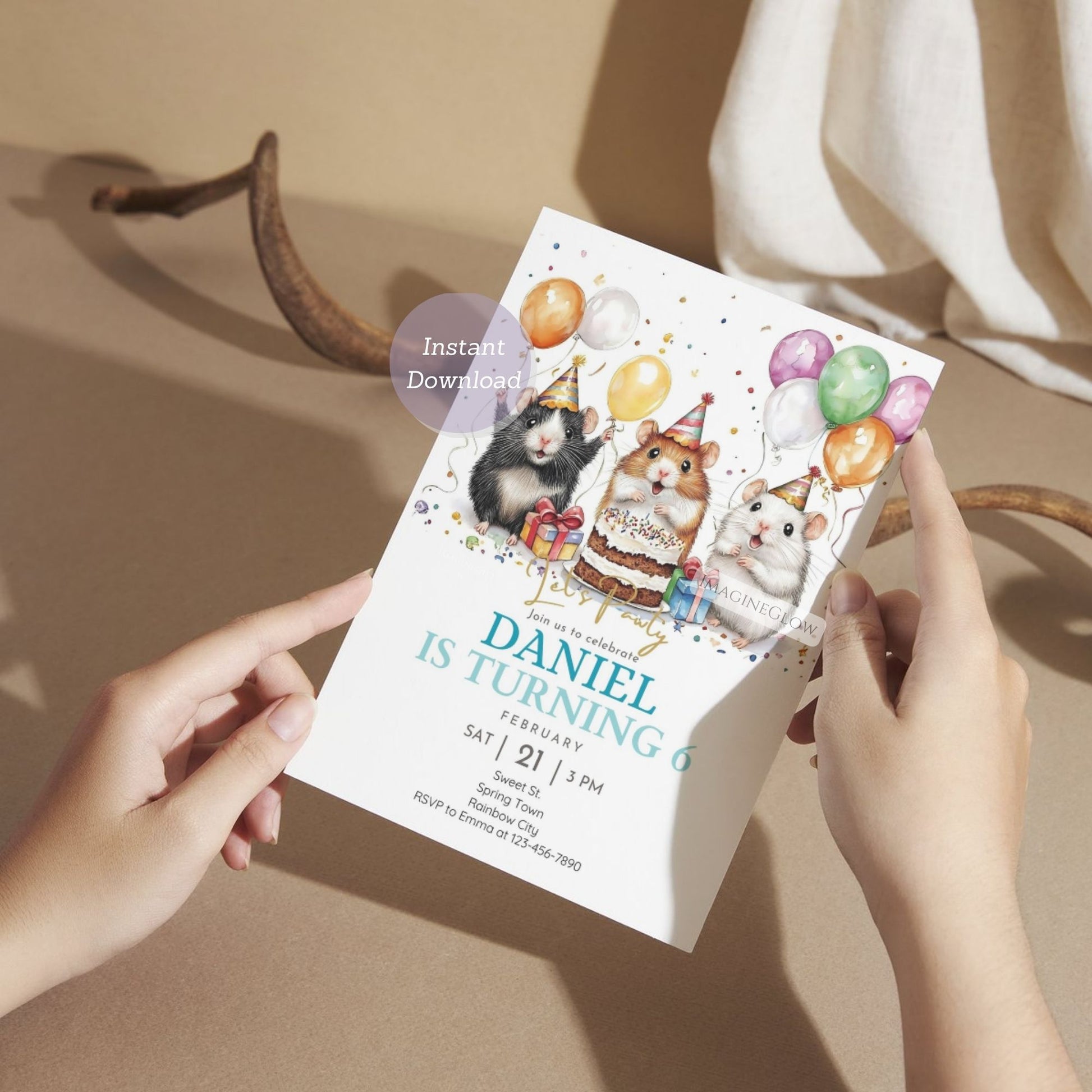 Adorable hamster holding balloons birthday invitation
