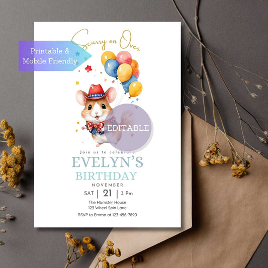 Editable hamster birthday invitation with cowboy hamster and balloons for kids’ parties, design 1