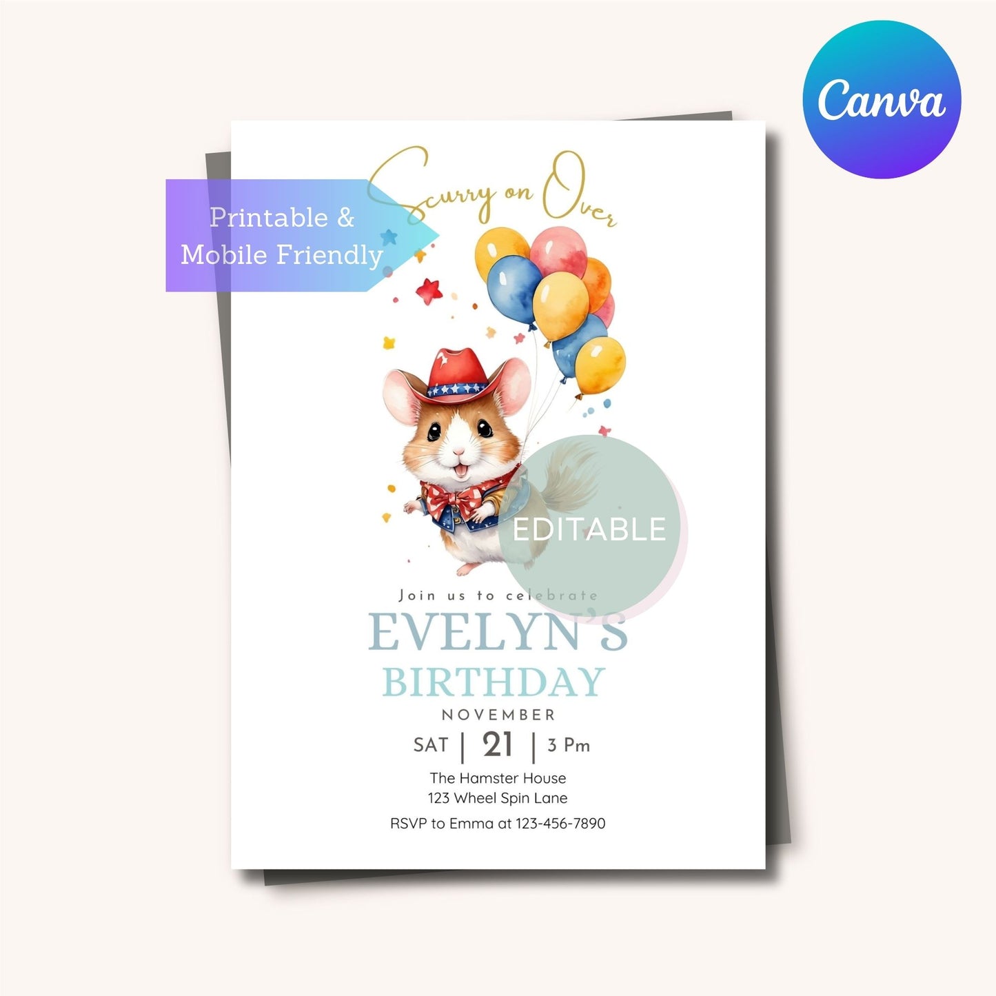 Printable hamster birthday invitation featuring a cowboy hamster and balloon decorations, design 2