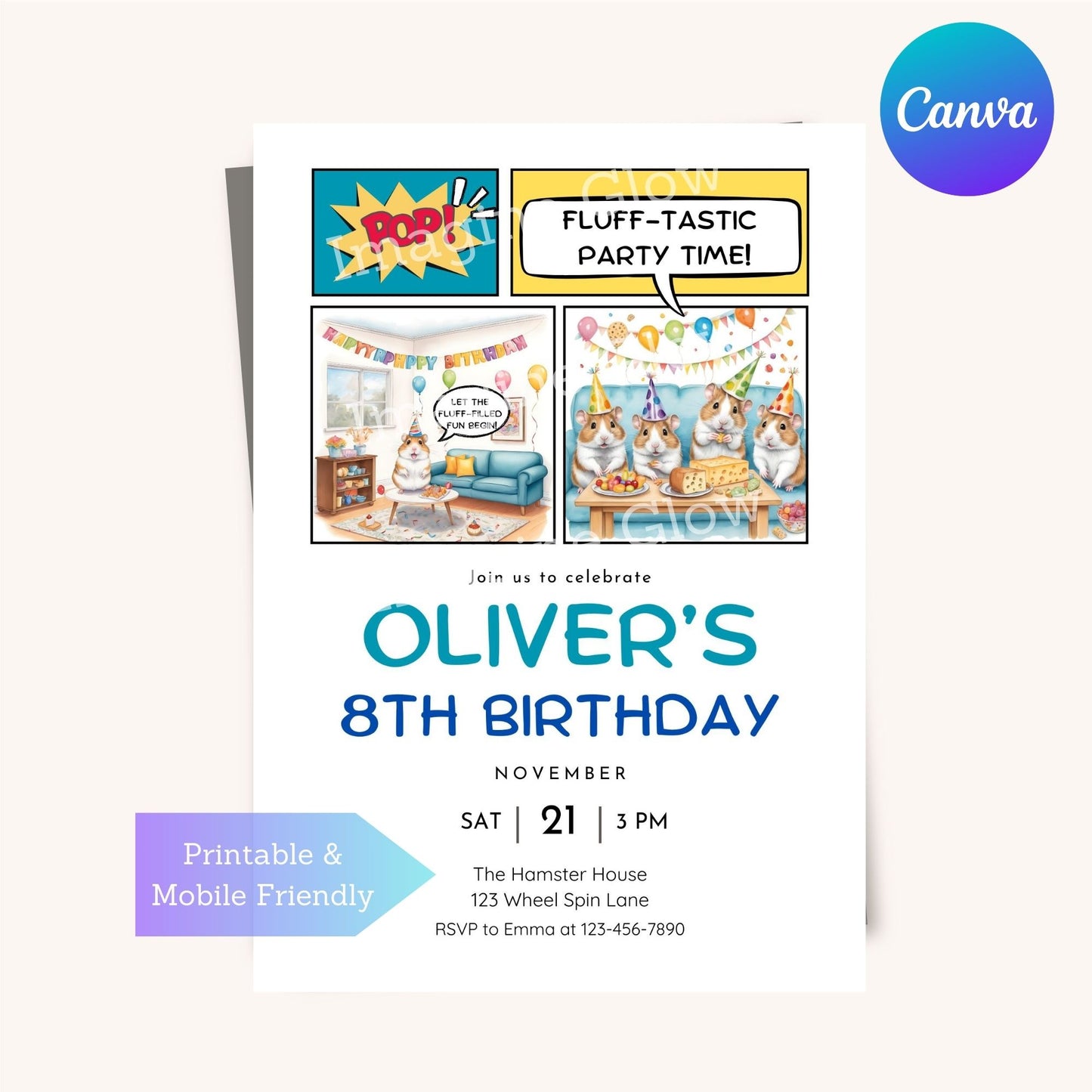 hamster cartoon birthday invitation for a fun celebration.