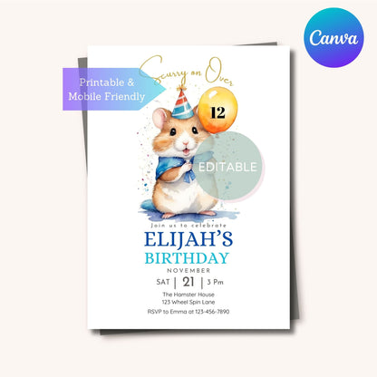 Hamster-themed birthday party invite, printable and mobile-friendly, with editable balloon number