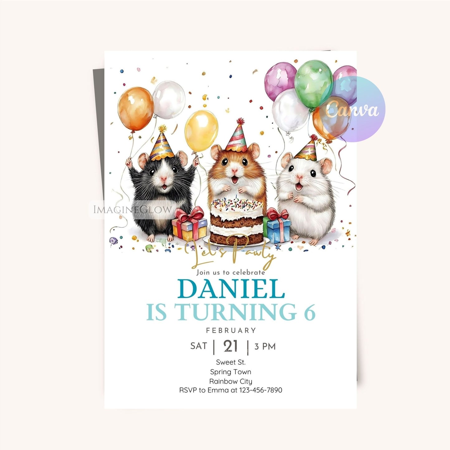 Printable hamster birthday card with balloons
