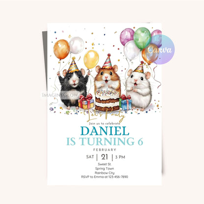 Printable hamster birthday card with balloons
