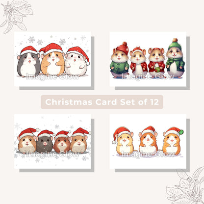 Set of 4 hamster Christmas cards with festive holiday designs