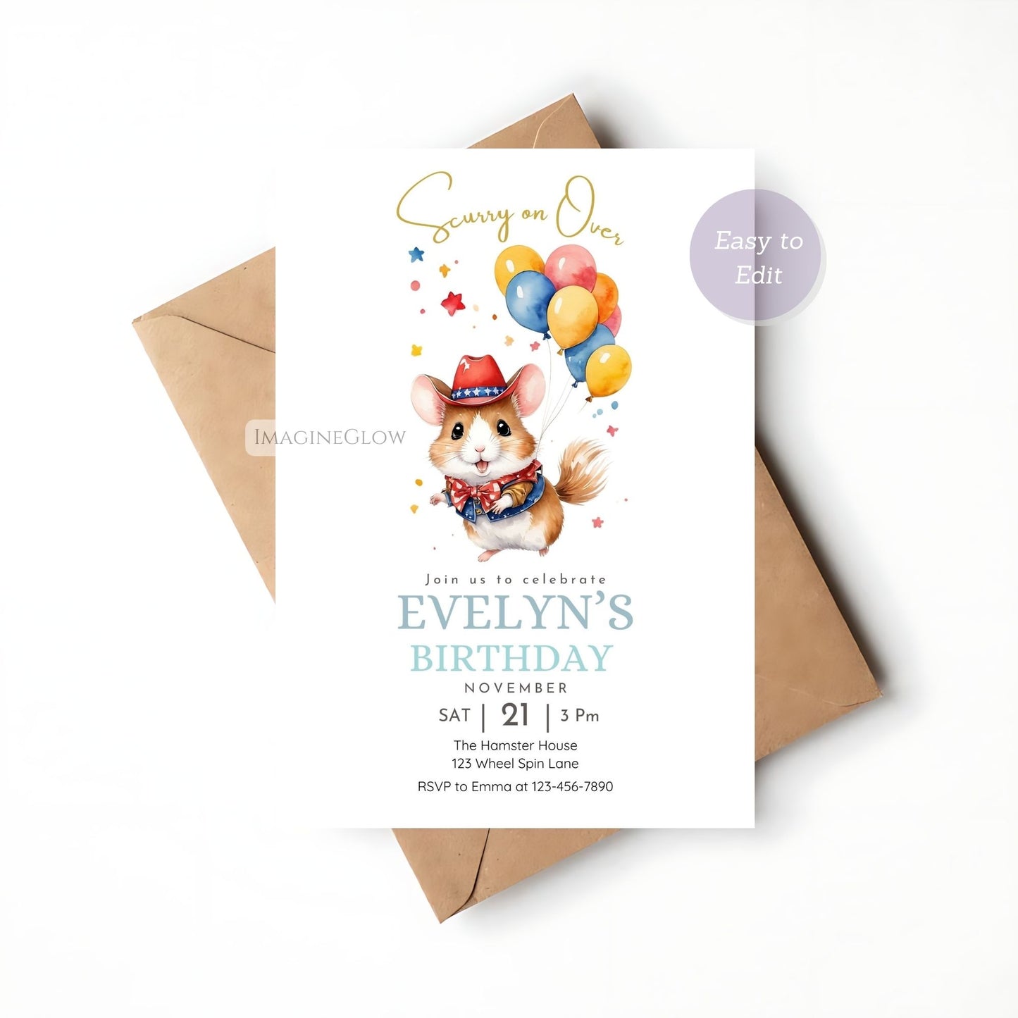 Western-themed hamster birthday card
Cute cowboy hamster birthday invite
