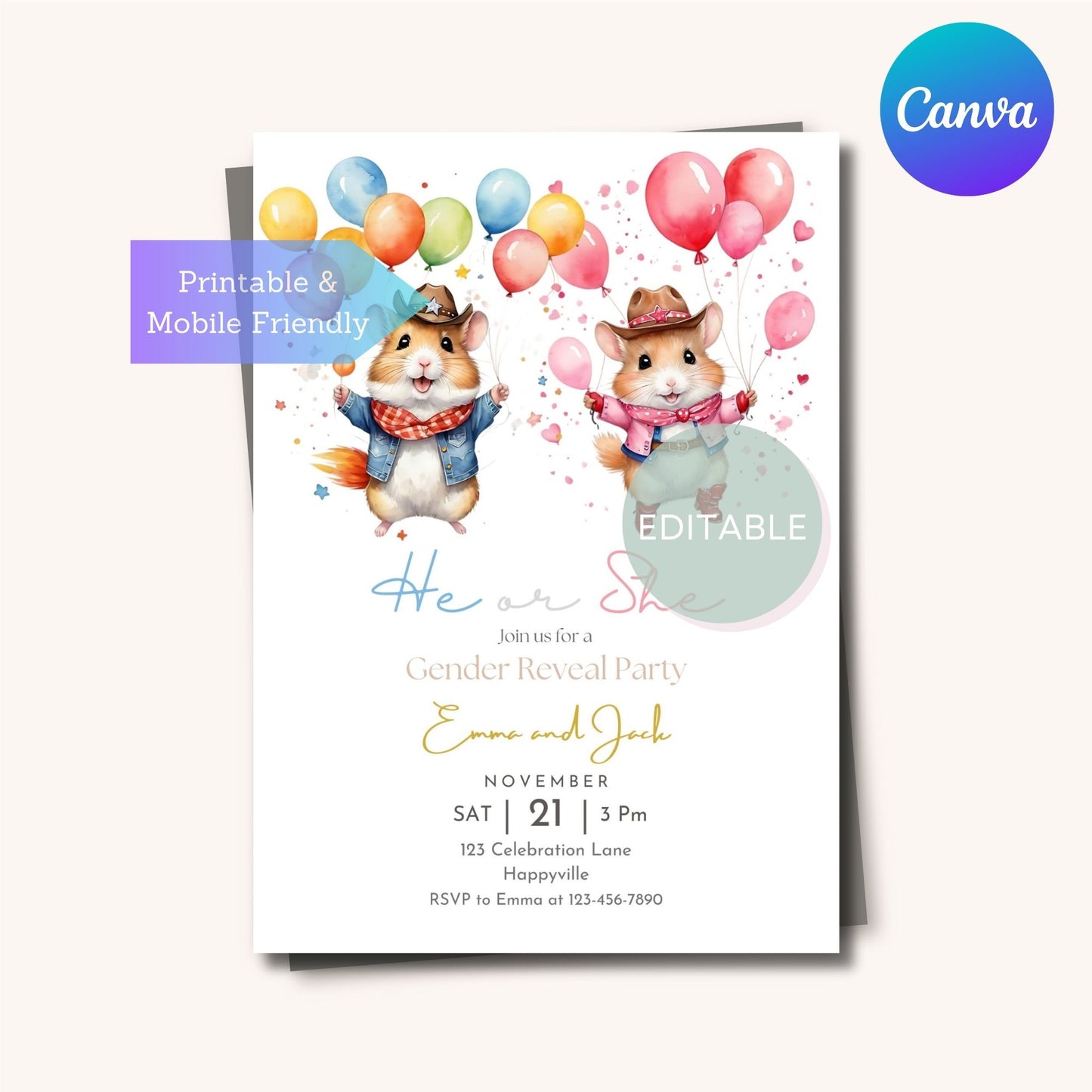 Customizable hamster gender reveal invite for fun baby announcement