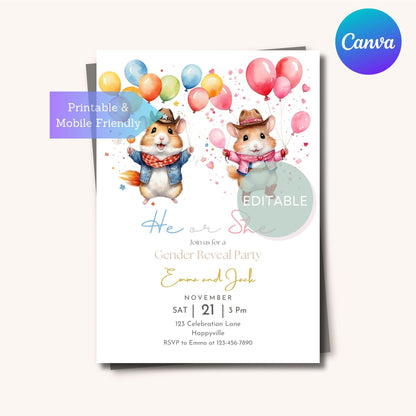 Customizable hamster gender reveal invite for fun baby announcement