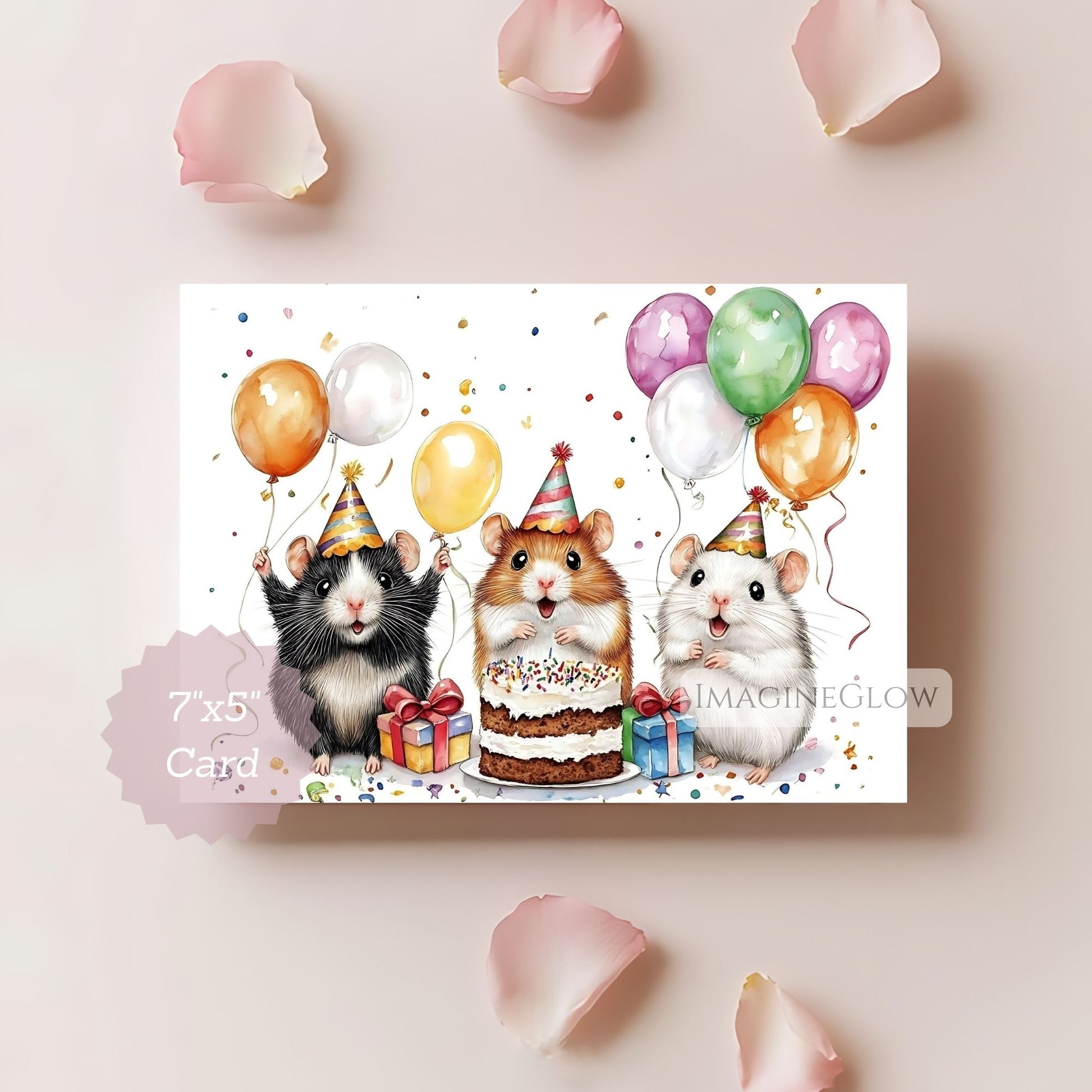 Card with three cartoon hamsters wearing party hats surrounded by balloons and a cake on a light background.