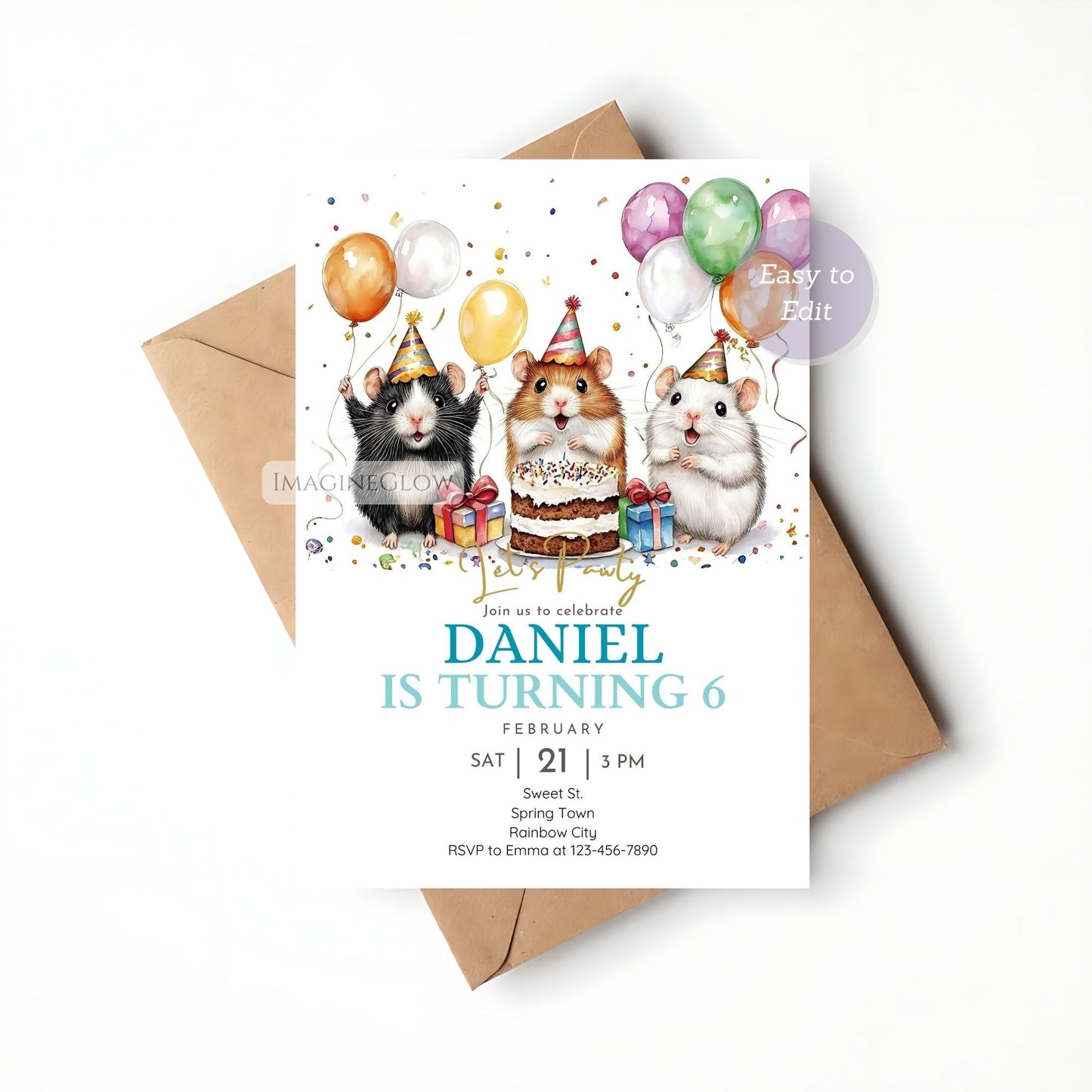 Cute hamster birthday party invite
