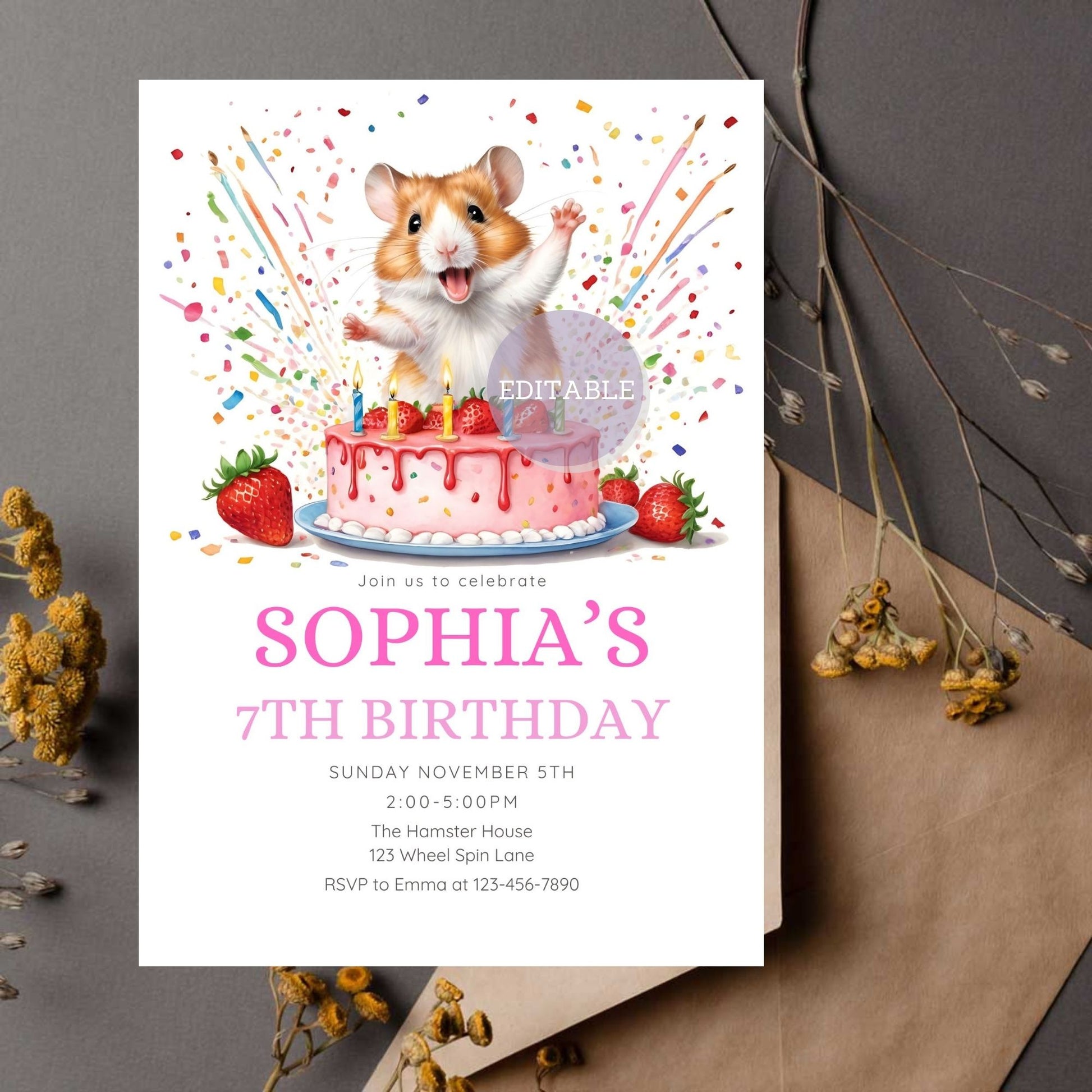 Cute hamster birthday invitation with a strawberry cake design.