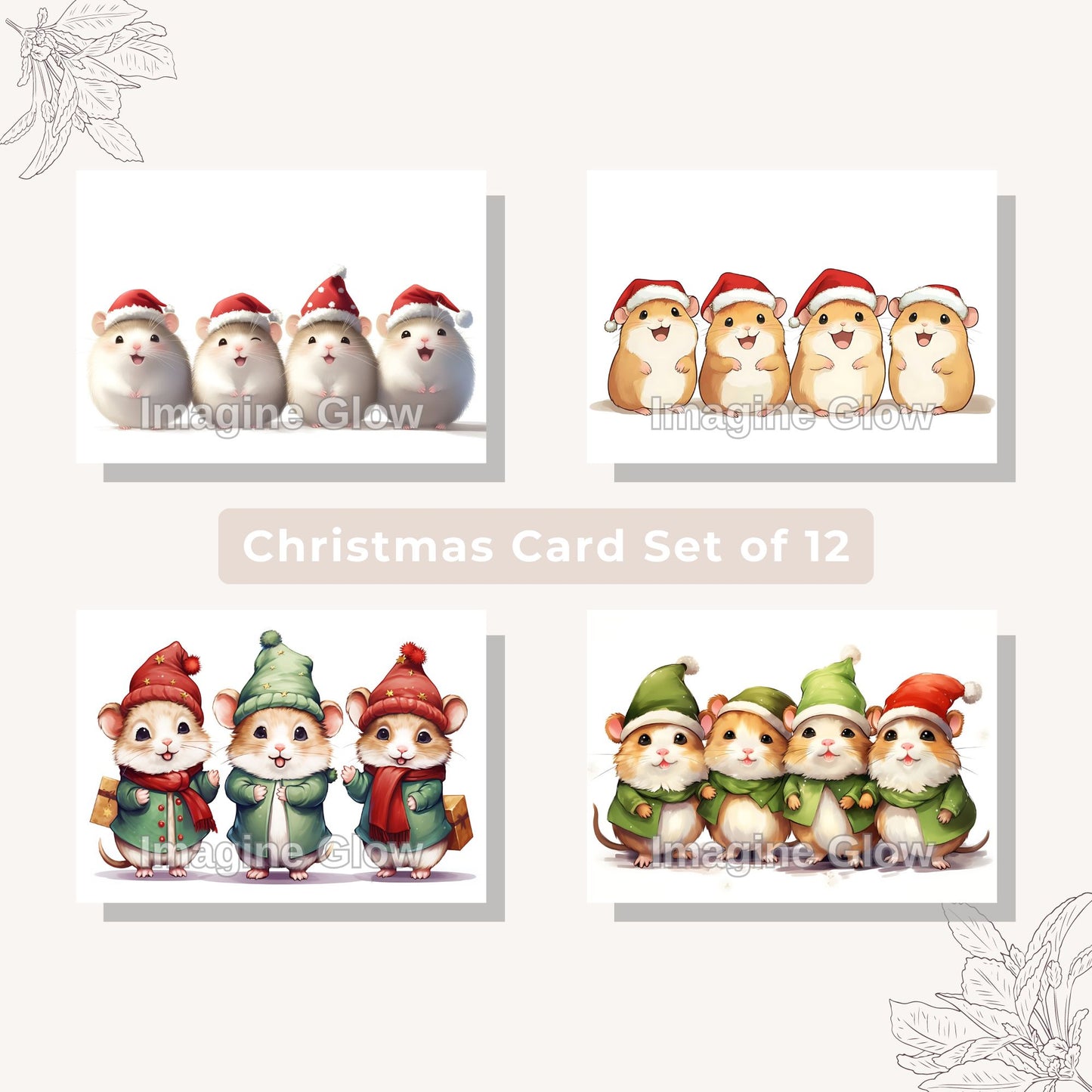 Adorable hamster Christmas cards in a set of 4 for holiday greetings