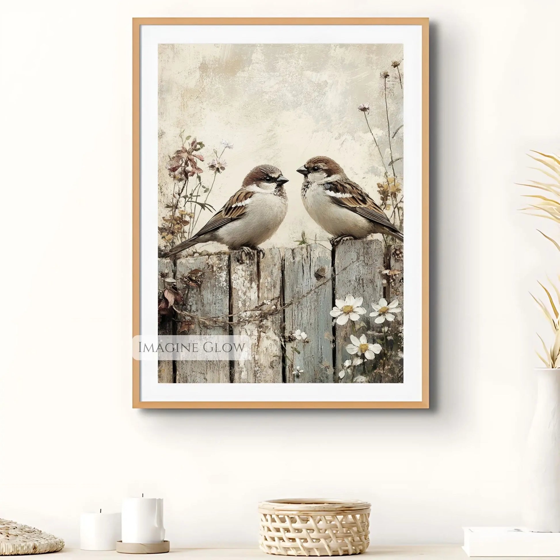 Romantic spring wall art of bird couple with flowers.
