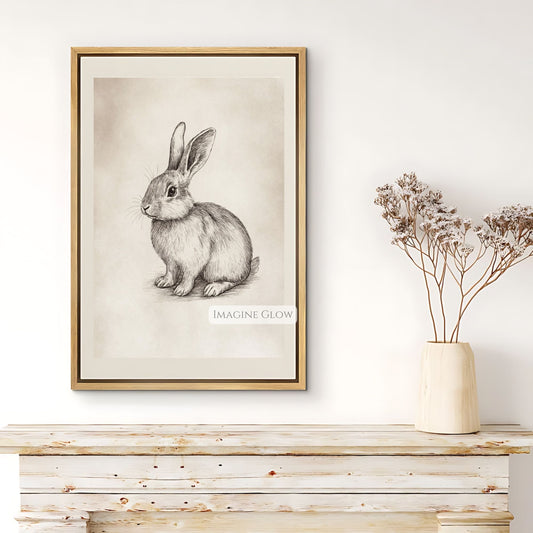 Delicate hand-drawn rabbit sketch art print for living room.
