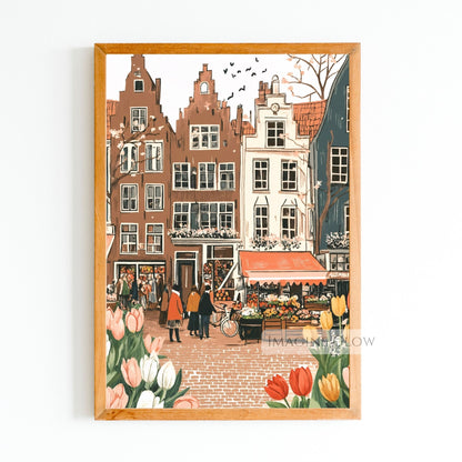 Springtime art print of an old town with blooming tulips and cherry blossoms.
