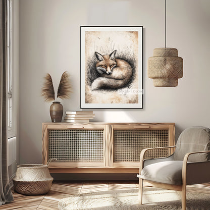 Rustic vintage fox illustration for woodland-themed spaces.
