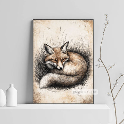 Intricate hand-drawn fox art print for wildlife-inspired walls.
