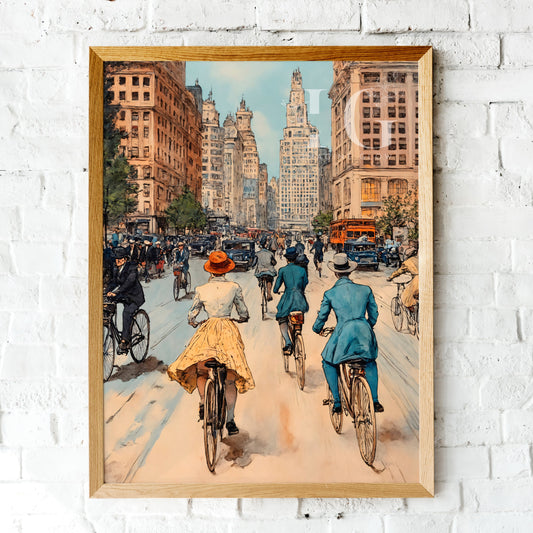 Hand-Drawn Early 1900s City Street Scene with Bicycles
Vintage Bicycle Ride to Work Hand-Drawn Cityscape
