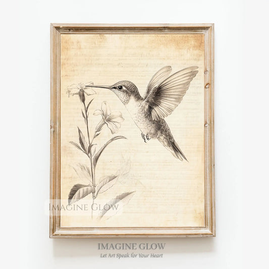 Vintage hand-drawn hummingbird sipping nectar from a flower
