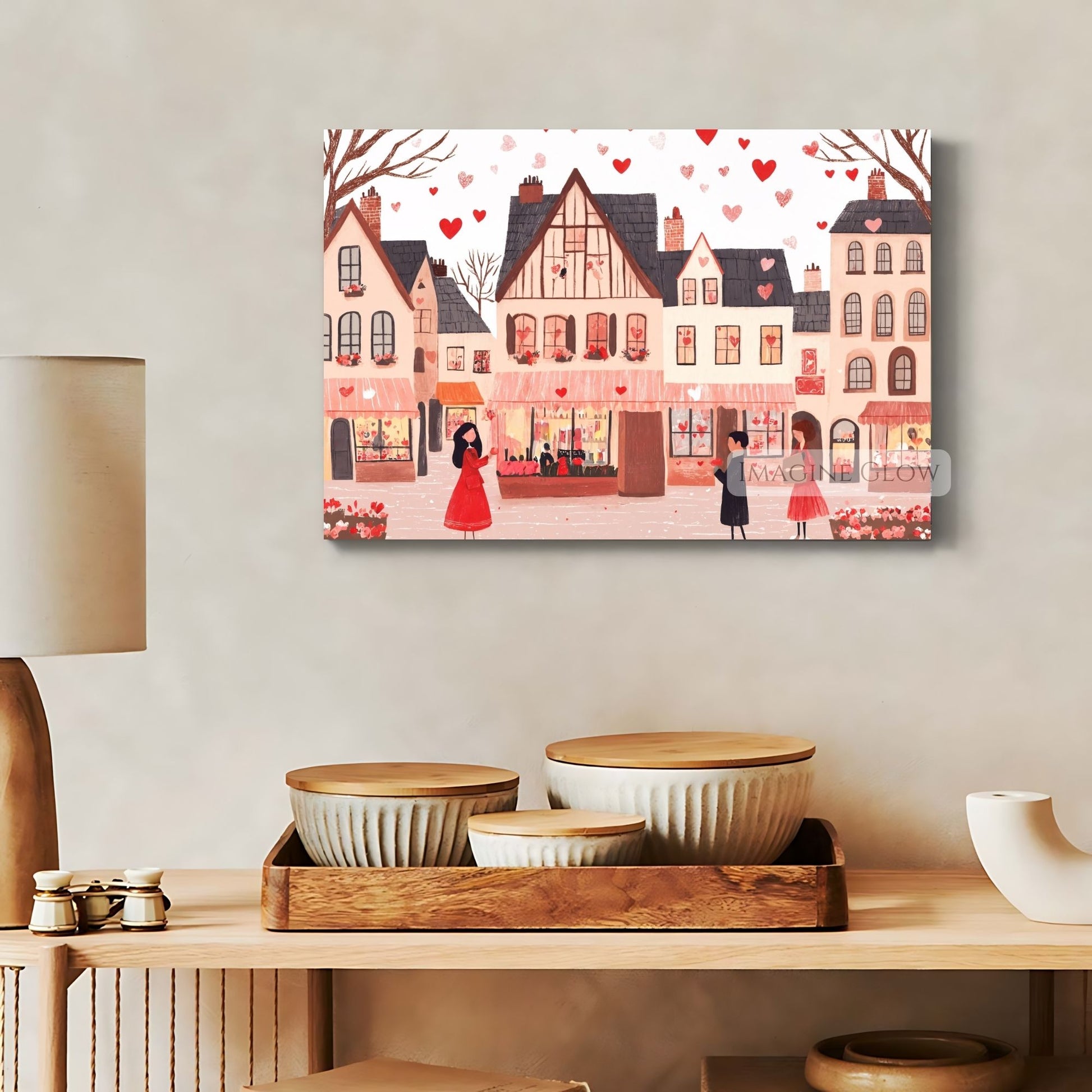 Romantic heart-themed village wall art for cozy decor
