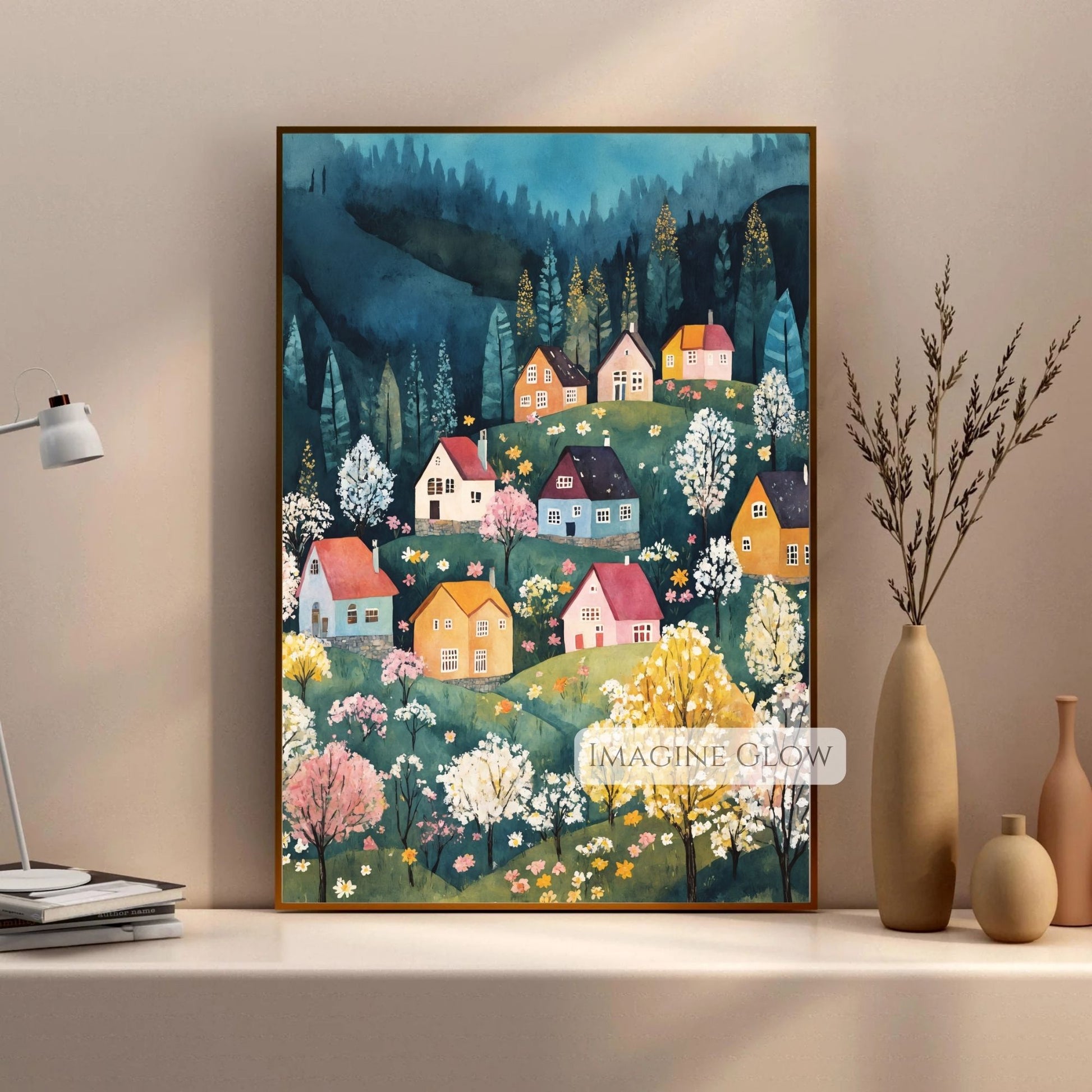 Springtime folk art print featuring a rural village
